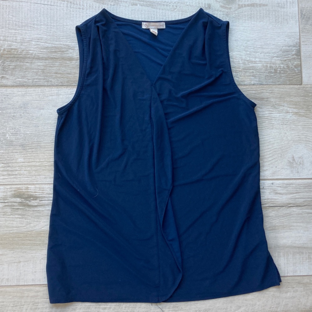 ST JOHN women’s top ruffled navy blue tank est. 1962 classic loose fit size S
